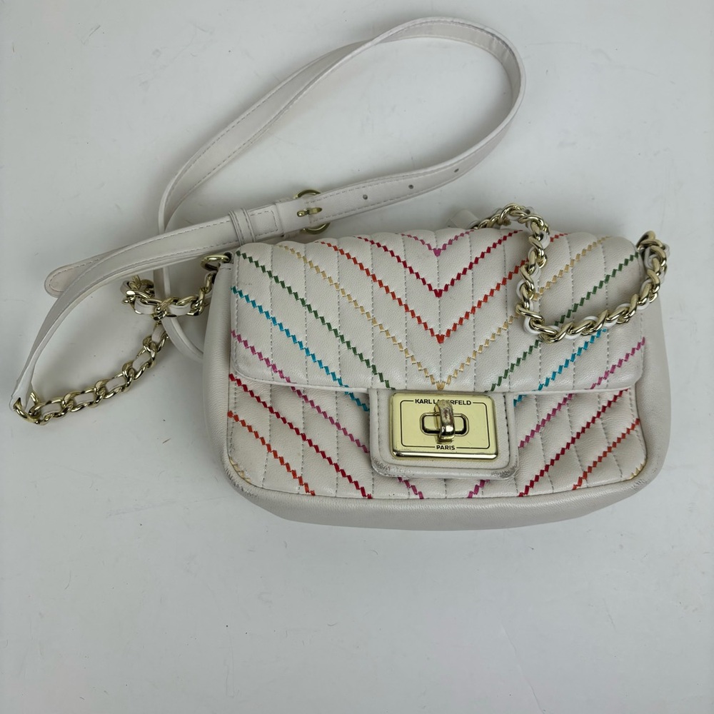Karl Lagerfeld- Paris off-white leather bag /chain strap and mult-colored stitch